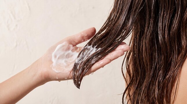 Woman applying deep conditioning hair mask cream to wet dark brown strands
