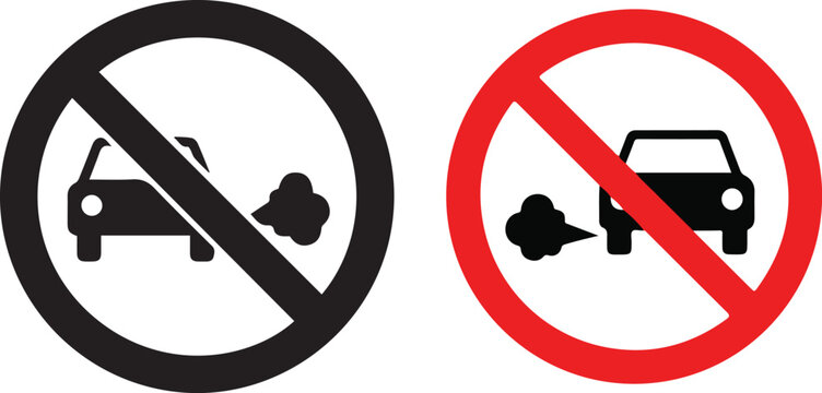 No engine idling sign with car exhaust smoke prohibit sign for environmental protection and air quality control zones symbol.
