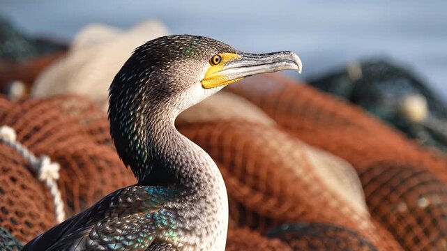 Cormorant bird side profile against stacked fishing nets at a coastal harbor