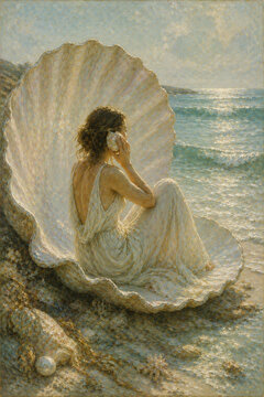 A woman sits inside a large seashell on a sandy beach overlooking the ocean.
