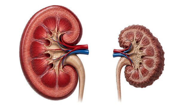Healthy Kidney vs Chronic Kidney Disease CKD Realistic Medical Anatomy Comparison Isolated on White Background