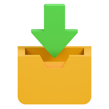 Three dimensional icon of a yellow folder with a green download arrow.