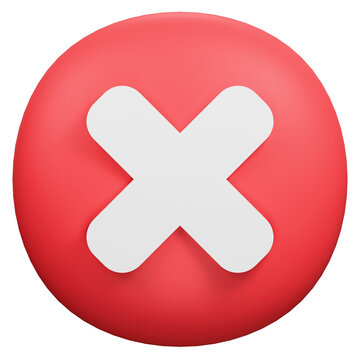 Three dimensional red circle button with a white cross mark icon.