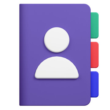 3D rendered purple address book icon with user profile symbol.