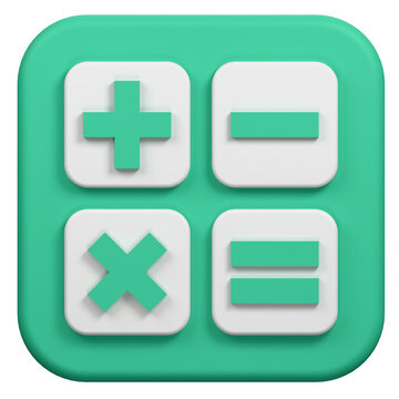 3D rendered calculator icon with basic mathematical operation symbols.