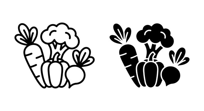 Fresh Vegetable Icons Set: Outline and Silhouette, Healthy Food Graphics for Nutrition and Cooking
