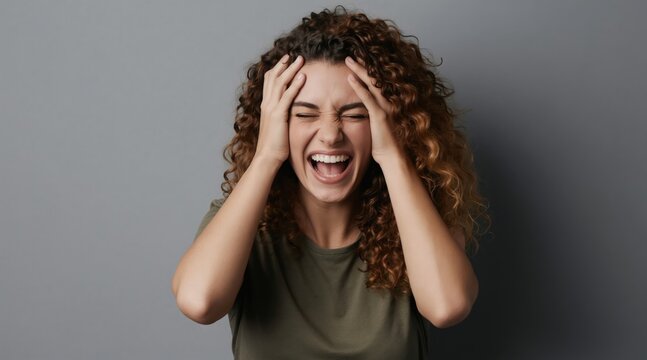 Young woman with curly hair screams with hands on head in frustration. She expresses intense emotion and distress. Her eyes are closed and mouth open wide.