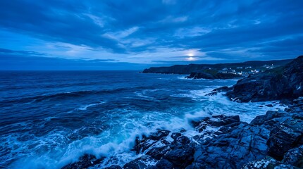Fototapeta premium Breathtaking Blue Hour Seascape with Crashing Waves and Distant Moonlight Glow
