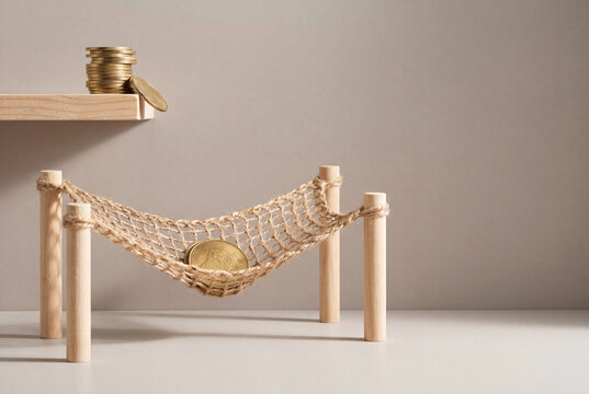 Gold coins caught safely in a miniature rope safety net below a stack of coins on a ledge, a minimal concept of financial safety net, emergency fund and savings protection, with copy space