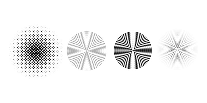 Black concentric circle set. Sonar or sound wave ring collection. Dotted and linear epicentre, target, radar icon concept. Ripple radial signal or vibration elements. Vector line and halftone symbols