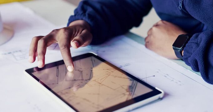 Architect, hands and blueprint on tablet screen for planning, design update or review for property development. Man, tech or engineer with floorplan for compliance regulations with project assessment