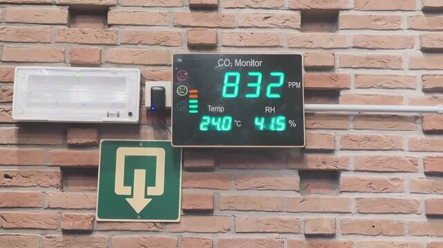 Monitor records clean air RH and temperature in public space for many people during busy afternoon hours