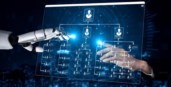 Futuristic Technology Concept Showing Robotic Hand Interacting with Digital User Interface and Data Flow for Innovative Business Solutions Sigmoid