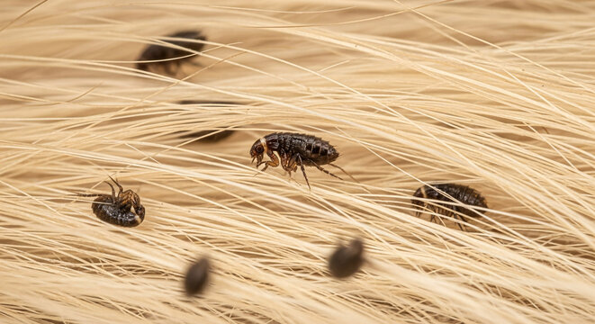 A group of fleas, Ctenocephalides felis, crawling through animal hair, pest infestation, parasite problem