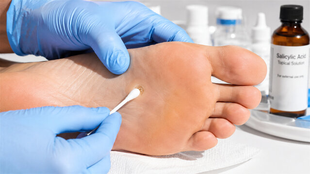 doctor applying salicylic acid to foot corn with cotton swab. Podiatrist treating plantar wart on human foot. Medical foot skin care, dermatology procedure and health treatment