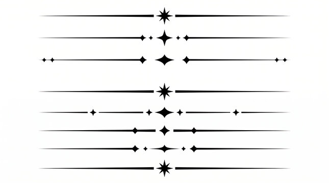 Set of minimalist black text dividers and line borders decorated with elegant star and diamond shapes isolated on a white background