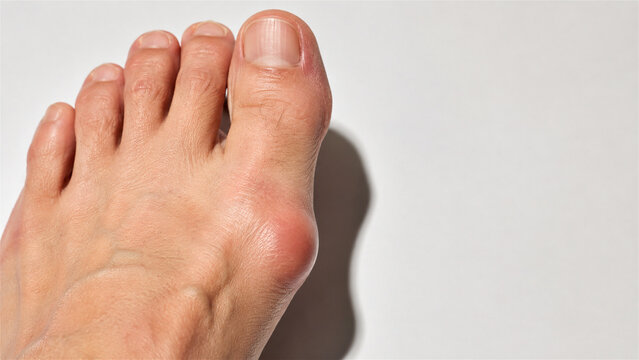 foot with bunion deformity on toe. Inflamed hallux valgus showing bone misalignment and swelling. Medical condition and orthopedic problem. Healthcare concept of joint foot pain