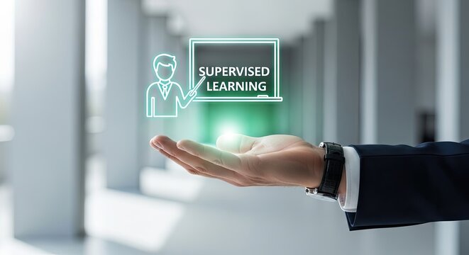 Businessman holding neon supervised learning concept in modern blurred office background during day