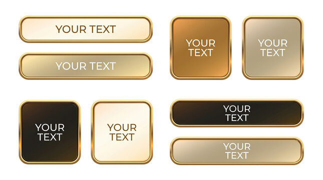 Set of premium luxury blank horizontal and square golden buttons with rounded corners and template text isolated on a transparent background