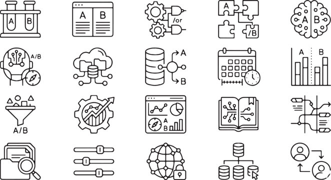 A/B Testing Optimization, Business Data Analytics Split Testing, and Digital Marketing Strategy Evaluation Vector Line Icons Set (Includes User Experience Analytics, Funnel Conversion, Comparison Char