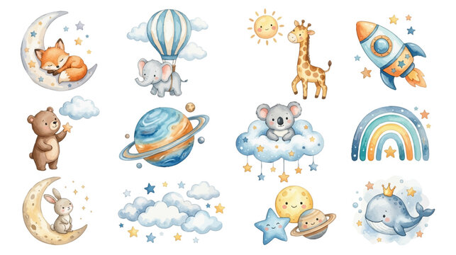 Cute baby space and safari elements in pastel watercolor style. Collection of Vector illustrations for invitation, card, poster, banner, decoration
