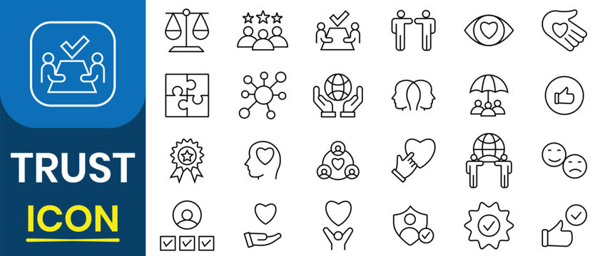 Trust icon set. Out line icon of trust, credibility, promise, trustworthiness, friends, truth, containing confidence, honesty, reliance, integrity, confidence and more. Vector illustration.
