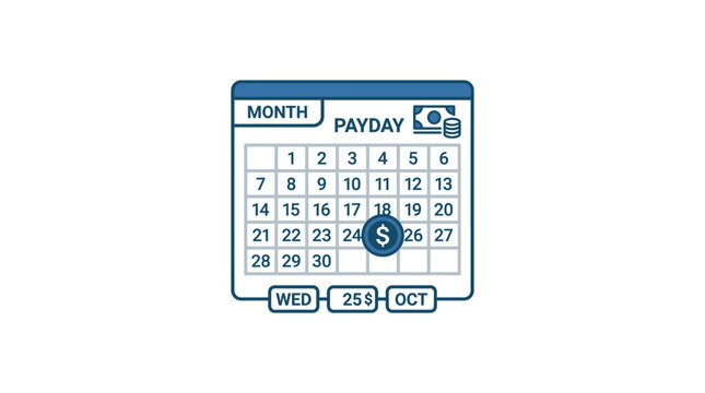 Calendar with "Payday" marked on 25th, indicating income or payment date