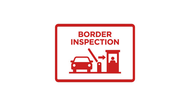 Border Inspection Icon: Car at Checkpoint with Barrier and Official