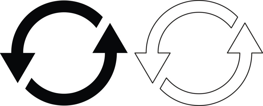 Circular arrow icon vector illustration set featuring filled and outlined clockwise designs for refresh, reload, and synchronization concepts