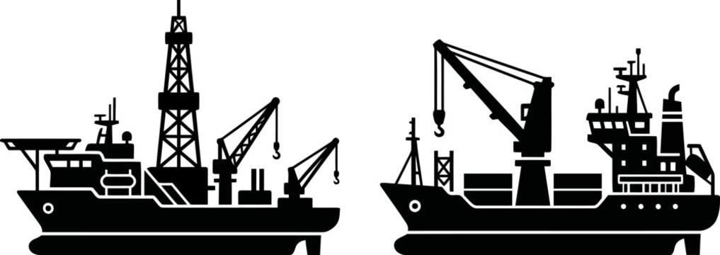 Industrial cargo ships, oil rig vessel, crane boats, black silhouette icons, transportation, nautical fleet