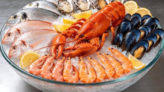 Raw seafood on ice