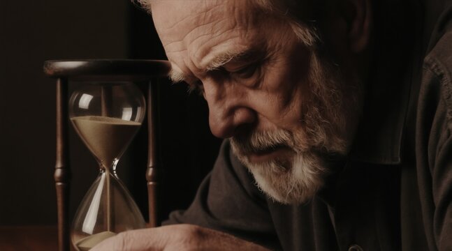 Elderly man with white beard looks at hourglass. Sand falls down, showing time passing. Life and death concept, reminder of aging and life end. Reflecting on moments gone by.