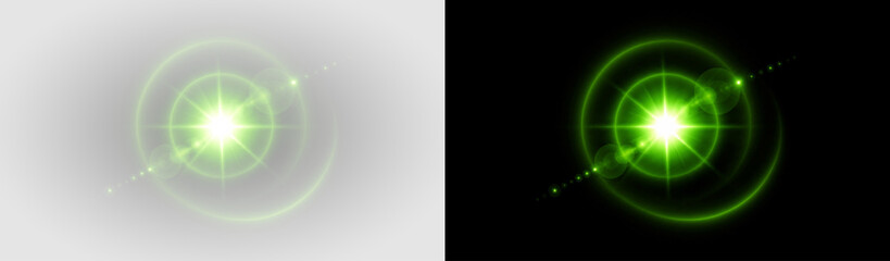 Obraz premium Lensflare glow green radial light effect, on transparent background