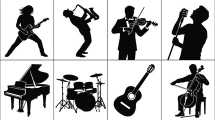 Musicians and musical instruments silhouette set featuring electric guitar player saxophone violinist singer grand piano drum kit acoustic guitar and cello © Mehedi