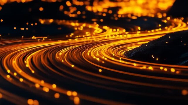 Abstract lines of glowing orange lights intertwine and curve, suggesting connections, data flow, and movement within a digital network or modern landscape.