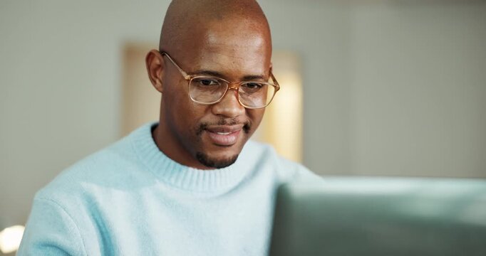 Black man, laptop and thinking in home with remote work, review and report for project management. Person, freelance writer and computer with reflection, decision or editing for creative proposal