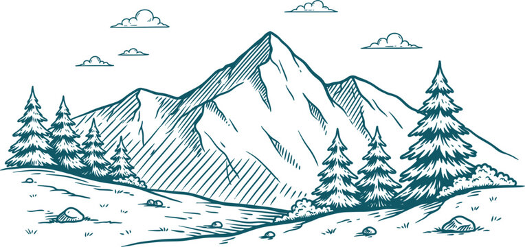 Hand drawn mountain landscape sketch vector illustration, nature wilderness pine trees background scene graphic