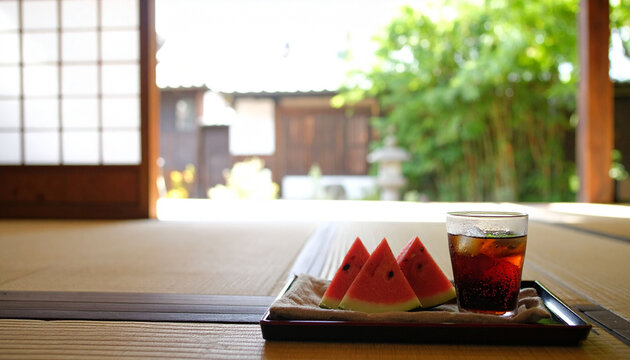 日本の夏の風景と縁側の涼しげなスイカと麦茶　畳の部屋から庭を望む落ち着いた和風の空間　ポスターやWeb広告の背景として活用できる文字入れ可能なコピースペース付きのライフスタイル素材