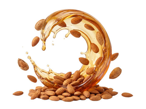 Almond nuts with a circular splash of golden almond oil isolated on white background.