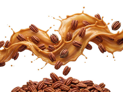 Dynamic Splash of Creamy Caramel Sauce with Falling Pecan Nut Halves.