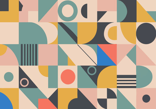 Abstract mosaic composition featuring circles triangles and curves in pastel balance