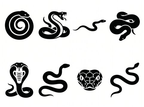 Black silhouette collection of various snake species in different movement poses