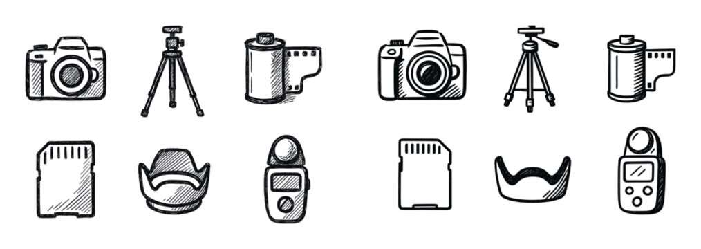 Photography icons with camera tripod and film outline