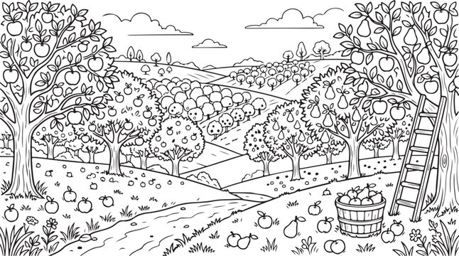 Orchard, apple trees, farm landscape, black and white vector illustration, coloring book page