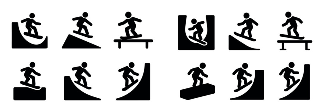Skateboarding icons with skater ramp rail minimal