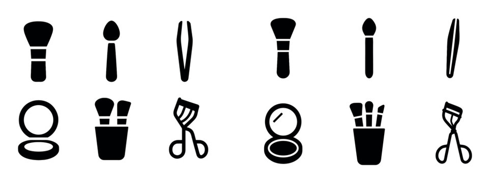 Beauty icons with brush mirror tweezers flat