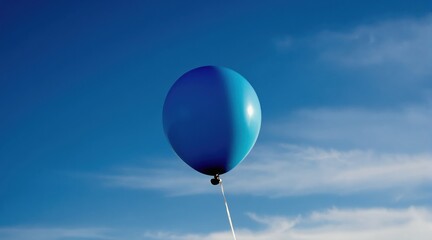 Obraz premium Single blue balloon drifts high in a clear blue sky with wispy clouds. The helium-filled sphere floats upwards, tethered by a thin white string. Image suggests freedom, dreams, and simple joy.