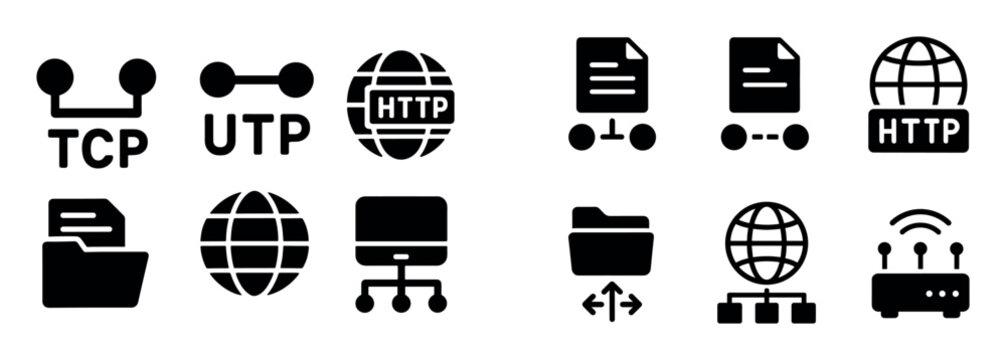 Network icons with globe folder router flat glyph