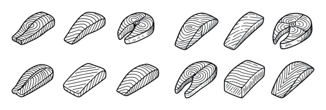 Seafood icons with salmon steak fillet outline
