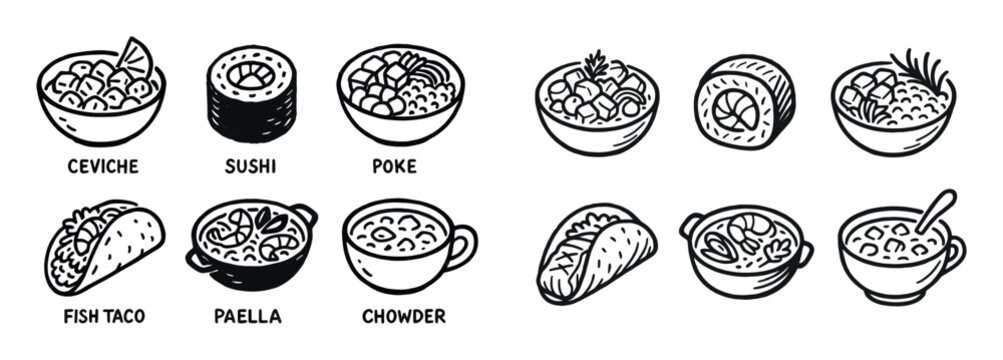 Seafood icons with ceviche sushi taco handdrawn